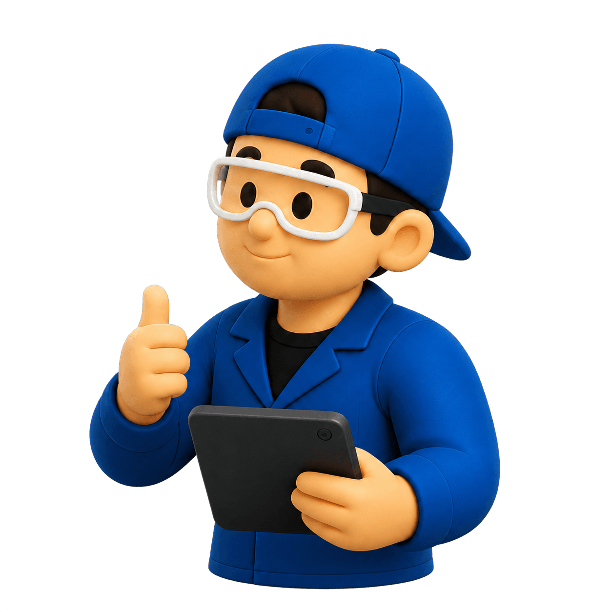 FluXion mascot wearing safety glasses, holding a production tablet, and giving a thumbs-up
